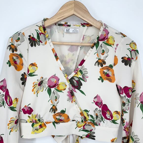 ZARA Floral Balloon Sleeve Blouse Faux Wrap Ruffle Trim Cropped Top - Picture 5 of 12